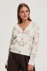 Kardigan w kwiaty beżowy. Brązowe swetry MOODO, xs, bez wzorów, z poliamidu, bez ramiączek. Za 149.99 zł.