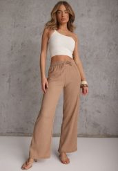 Beżowe Teksturowane Spodnie Wide Leg z Wiązaniem w Talii Pirethei. Brązowe jeansy Renee, m, bez wzorów, z jeansu. Za 69.99 zł.