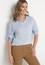 Jasnoniebieska Koszula z Lnem i Kieszonką o Kroju Oversize Lianipa. Niebieskie koszule Born2be, m, bez wzorów, z jeansu, eleganckie, bez kołnierzyka, bez ramiączek. Za 89.99 zł.