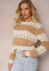 Beżowy Sweter Ozdobiony Ażurowymi Wycięciami i Połyskującą Nitką Casiena. Brązowe swetry Renee, z aplikacjami, z dzianiny, casualowe, bez ramiączek. W wyprzedaży za 79.99 zł.