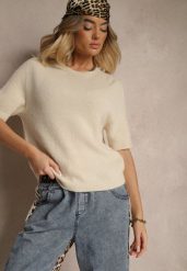 Beżowy Sweter o Fasonie T-shirtu z Wełną Dannirae. Brązowe swetry Renee, bez wzorów, z jeansu, casualowe, bez ramiączek. W wyprzedaży za 119.99 zł.