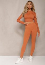 Pomarańczowe Prążkowane Legginsy z Wysokim Stanem Amokka. Brązowe legginsy Renee, bez wzorów, z jeansu. W wyprzedaży za 39.99 zł.