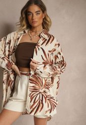 Beżowo-Brązowa Wiskozowa Koszula z Lnem Ozdobiona Abstrakcyjnym Wzorem Sepanirre. Brązowe koszule Renee, bez wzorów, z jeansu, eleganckie, bez kołnierzyka, bez ramiączek. W wyprzedaży za 63.99 zł.