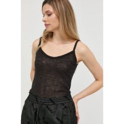 Guess top z domieszką wełny kolor czarny. Czarne topy Guess, l, z aplikacjami, z dzianiny, bez kołnierzyka, bez ramiączek. W wyprzedaży za 189.99 zł.