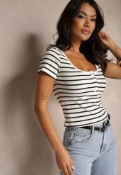Biało-Czarny Bawełniany T-shirt z Guzikami i Paskami Norwiwi. Białe t-shirty Renee, m, bez wzorów, z bawełny, eleganckie, bez kołnierzyka, bez ramiączek. W wyprzedaży za 55.99 zł.