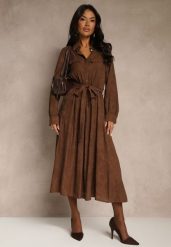 Brązowa Koszulowa Sukienka z Wiskozy o Rozkloszowanym Fasonie z Wiązaniem Isozera. Brązowe sukienki Renee, l, z aplikacjami, z wiskozy, eleganckie, bez kołnierzyka, bez ramiączek, koszulowe. Za 159.99 zł.