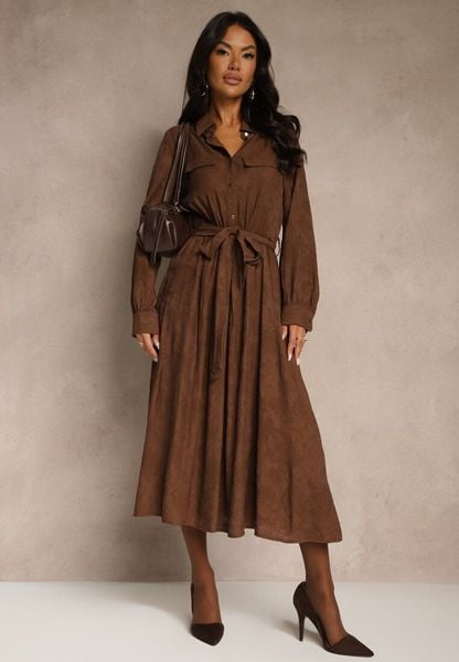 Brązowa Koszulowa Sukienka z Wiskozy o Rozkloszowanym Fasonie z Wiązaniem Isozera. Brązowe sukienki Renee, l, z aplikacjami, z wiskozy, eleganckie, bez kołnierzyka, bez ramiączek, koszulowe. Za 159.99 zł.