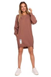 Przedłużona Bluza z Ozdobnymi Suwakami - Czekoladowa. Brązowe bluzy MOE, l, bez wzorów, z bawełny, bez kaptura. Za 308.90 zł.