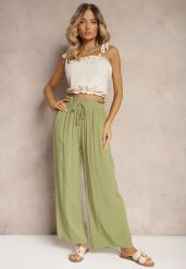Zielone Spodnie Palazzo High Waist z Bawełny Wykończone Gumką w Talii Nellsea. Zielone jeansy Renee, bez wzorów, z bawełny, eleganckie, z podwyższonym stanem. W wyprzedaży za 26.99 zł.