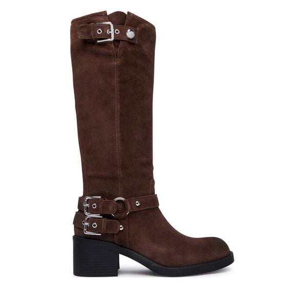 Kozaki Guess. Brązowe kozaki Guess, z aplikacjami, bez obcasa, na słupku, bez zapięcia. Za 773.99 zł.