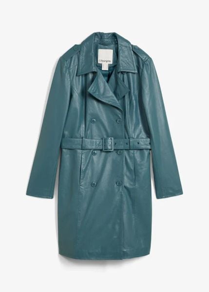 Skórzany trencz z jagnięcej skóry. Niebieskie płaszcze bonprix, bez wzorów, ze skóry, eleganckie, bez kaptura. Za 859.99 zł.