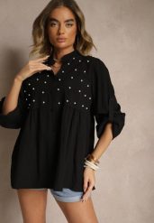 Czarna Koszula z Wiskozą i Perełkami Tanathiel. Czarne koszule Renee, z aplikacjami, z jeansu, eleganckie, bez kołnierzyka, bez ramiączek. W wyprzedaży za 67.99 zł.