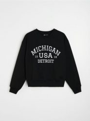Dresowa bluza crewneck z napisem - czarny. Czarne bluzy Sinsay, l, bez wzorów, z dresówki, bez ramiączek, bez kaptura. Za 35.99 zł.