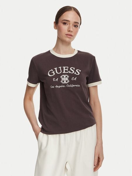 Guess T-Shirt V6YI18 K4320 Brązowy Regular Fit. Brązowe t-shirty Guess, xs, z aplikacjami, z bawełny, bez kołnierzyka, bez ramiączek. Za 194.99 zł.