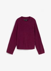 Krótszy sweter w prążek. Fioletowe swetry bonprix, bez wzorów, klasyczne, bez ramiączek. Za 129.99 zł.