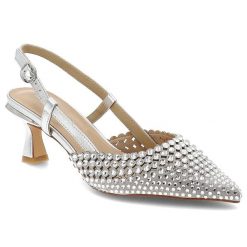 Czółenka damskie Alma En Pena, skóra naturalna ażurowa cholewka ozdobne kryształki pasek z regulacją smukły nosek elegancki obcas, srebrne, V261855. Szare czółenka Alma En Pena, w ażurowe wzory, ze skóry, eleganckie, bez obcasa, na obcasie, bez zapięcia. Za 599.00 zł.