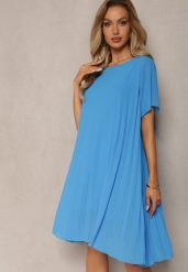 Niebieska Plisowana Sukienka o Rozkloszowanym Kroju Orxiala. Niebieskie sukienki Renee, s, bez wzorów, eleganckie, bez kołnierzyka, bez ramiączek, mini, rozkloszowane. W wyprzedaży za 35.99 zł.