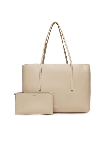 Calvin Klein Torebka Foil Logo Tote W/Pouch LV04F3274G Beżowy. Brązowe torebki klasyczne Calvin Klein, bez wzorów, ze skóry, bez dodatków. Za 349.99 zł.