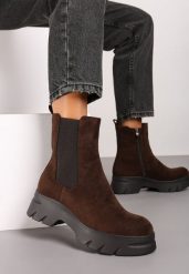 Brązowe Botki Sztyblety na Platformie z Elastyczną Cholewką Mavita. Brązowe botki Renee, bez wzorów, z jeansu, eleganckie, bez obcasa, na platformie, bez zapięcia. W wyprzedaży za 83.99 zł.