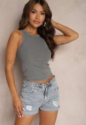 Niebieskie Szorty Jeansowe z Bawełny High Waist Wykończone Przetarciami Nellonia. Niebieskie szorty Renee, bez wzorów, z bawełny, eleganckie. W wyprzedaży za 47.99 zł.