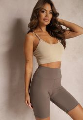 Brązowe Szorty Kolarki High Waist z Gumką w Talii Xelfea. Brązowe szorty Renee, bez wzorów, sportowe. W wyprzedaży za 39.99 zł.