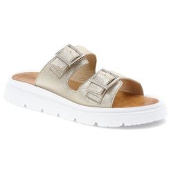 Klapki damskie Wasak, ze skóry naturalnej na platformie z klamrami w klasycznym stylu, złote Prada, 756. Żółte klapki Wasak, bez wzorów, ze skóry, klasyczne, bez obcasa, na platformie, bez zapięcia. Za 219.00 zł.