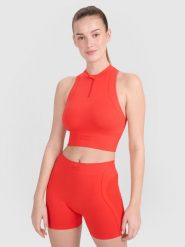 4F Crop-top treningowy slim bezszwowy damski - czerwony XS/S. Czerwone topy sportowe 4f, s, bez wzorów, z dzianiny, do biegania. W wyprzedaży za 79.99 zł.