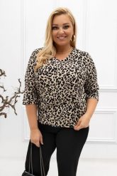 Beżowa bluzka Amber we wzór panterki PLUS SIZE XXL. Brązowe bluzki Nasi partnerzy, plus size, bez wzorów, z jeansu, biznesowe, bez kołnierzyka, plus size, bez ramiączek. Za 199.90 zł.