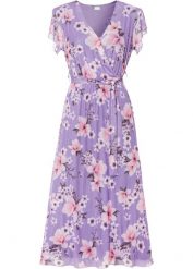 Sukienka midi z siatkowego materiału z nadrukiem. Fioletowe sukienki bonprix, bez wzorów, bez kołnierzyka, bez ramiączek, midi. Za 169.99 zł.