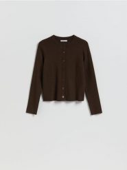 Kardigan z dodatkiem modalu - ciemnobrązowy. Brązowe swetry Reserved, l, bez wzorów, z dzianiny, bez ramiączek. Za 119.99 zł.