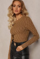 Brązowy Sweter z Okrągłym Dekoltem i Tłoczeniami w Kształcie Liści Timaphone. Brązowe swetry Renee, z aplikacjami, casualowe, bez ramiączek. W wyprzedaży za 51.99 zł.