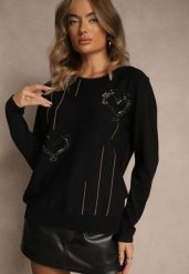 Czarny Sweter z Cyrkoniowymi Sercami Unorevia. Czarne swetry Renee, l, bez wzorów, z jeansu, casualowe, bez ramiączek. Za 79.99 zł.