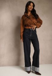Granatowe Jeansy Wide Leg z Ozdobnie Podwiniętymi Nogawkami Zenesea. Niebieskie jeansy Renee, l, bez wzorów, z jeansu, biznesowe, z podwyższonym stanem. Za 119.99 zł.