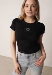 Czarny Bawełniany T-shirt z Cyrkoniowym Sercem Arielin. Czarne t-shirty sportowe Born2be, m, z aplikacjami, z bawełny, bez ramiączek. Za 39.99 zł.