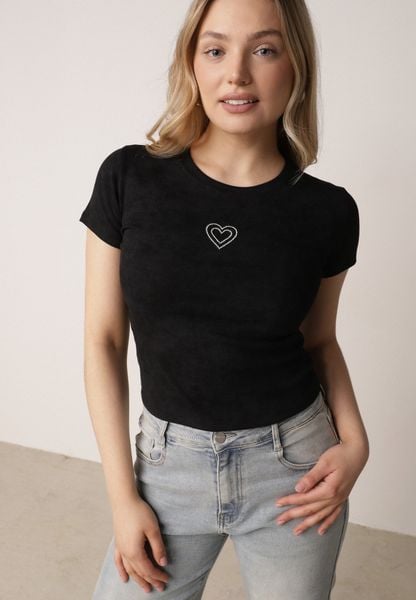 Czarny Bawełniany T-shirt z Cyrkoniowym Sercem Arielin. Czarne t-shirty sportowe Born2be, m, z aplikacjami, z bawełny, bez ramiączek. Za 29.99 zł.