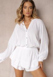 Biały Kombinezon z Bawełny ze Spódnico-Spodenkami i Guzikami oraz Gumką w Talii Vimatthea. Białe sukienki Renee, na co dzień, bez wzorów, z bawełny, eleganckie, bez kołnierzyka, bez ramiączek. W wyprzedaży za 143.99 zł.