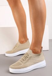 Beżowe Buty Sportowe z Cholewką w Skarpetkowym Stylu Timotta. Brązowe buty sportowe lifestyle Renee, bez wzorów, sportowe, bez zapięcia. W wyprzedaży za 55.99 zł.