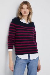 Tommy Hilfiger sweter z domieszką wełny damski kolor granatowy. Niebieskie swetry Tommy Hilfiger, l, bez wzorów, z dzianiny, bez ramiączek. W wyprzedaży za 559.99 zł.