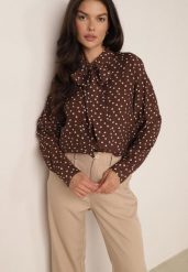 Brązowa Zwiewna Koszula z Wiskozy w Groszki z Kokardką pod Szyją Semone. Brązowe koszule Born2be, l, bez wzorów, z jeansu, eleganckie, bez kołnierzyka, bez ramiączek. Za 119.99 zł.