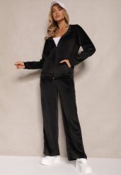 Czarny Welurowy Komplet Dresowy Bluza z Kapturem i Szerokie Spodnie Poretta. Czarne bluzy Renee, m, bez wzorów, z dresówki, eleganckie, bez ramiączek, z kapturem. W wyprzedaży za 63.99 zł.