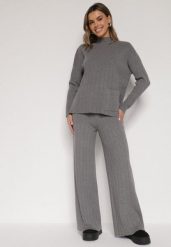 Szary Sweterkowy Komplet Sweter z Półgolfem i Szerokie Spodnie Alatusa. Szare swetry Born2be, l, bez wzorów, z dzianiny, bez ramiączek. Za 139.99 zł.