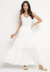 Biała Bawełniana Sukienka Maxi Bez Rękawów Lorenis. Białe sukienki Born2be, na co dzień, l, bez wzorów, z bawełny, eleganckie, bez kołnierzyka, bez ramiączek, maxi, kopertowe. W wyprzedaży za 97.49 zł.
