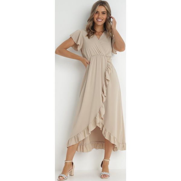 Beżowa Sukienka Mailcon. Brązowe sukienki Born2be, na imprezę, bez wzorów, eleganckie, bez kołnierzyka, bez ramiączek, maxi, kopertowe. Za 89.99 zł.