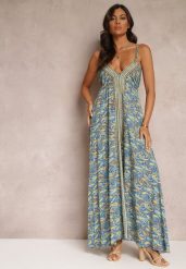 Niebieska Rozkloszowana Sukienka Maxi Wiązana na Szyi z Wiskozy z Printem Paisley Olympie. Niebieskie sukienki Renee, m, bez wzorów, z wiskozy, boho, bez kołnierzyka, bez ramiączek, maxi, rozkloszowane. Za 109.99 zł.