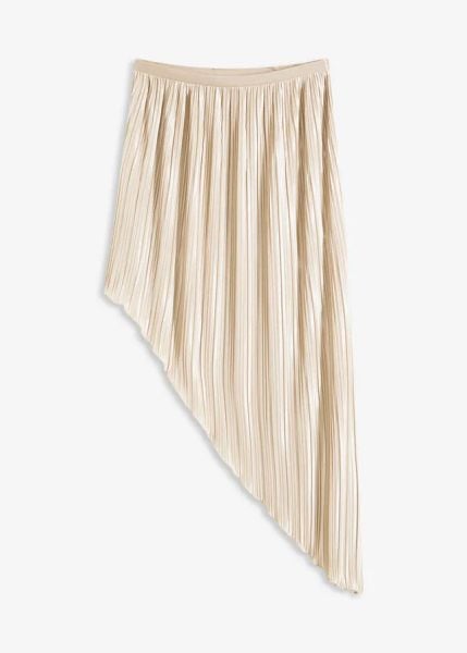 Spódnica plisowana z połyskującej satyny. Brązowe spódnice bonprix, bez wzorów, z satyny, eleganckie, asymetryczne. Za 69.99 zł.