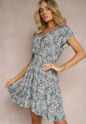 Niebieska Sukienka z Bawełny w Kwiaty z Gumką w Talii Gomalia. Niebieskie sukienki Renee, l, bez wzorów, z bawełny, bez kołnierzyka, bez ramiączek, mini. W wyprzedaży za 39.99 zł.