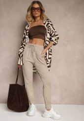 Beżowe Spodnie Dresowe z Wiskozą High Waist Ozdobione Sznurkiem Ellivenna. Brązowe jeansy Renee, bez wzorów, z dresówki, sportowe, z podwyższonym stanem. W wyprzedaży za 43.99 zł.