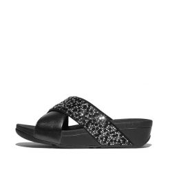 Klapki damskie FitFlop Lulu Crystal-Mix Metallic Cross. Czarne klapki FIT FLOP, bez wzorów, z gumy, eleganckie, bez obcasa, bez zapięcia. Za 493.50 zł.