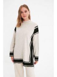Trendyol Sweter w kolorze beżowo-czarnym rozmiar: L/XL. Brązowe swetry Trendyol, l, bez wzorów, ze splotem, bez ramiączek. Za 88.23 zł.