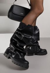 Czarne Botki na Platformie Ozdobione Wywiniętą Cholewką Nenalea. Czarne botki Renee, z aplikacjami, z jeansu, klasyczne, bez obcasa, na platformie, bez zapięcia. Za 119.99 zł.